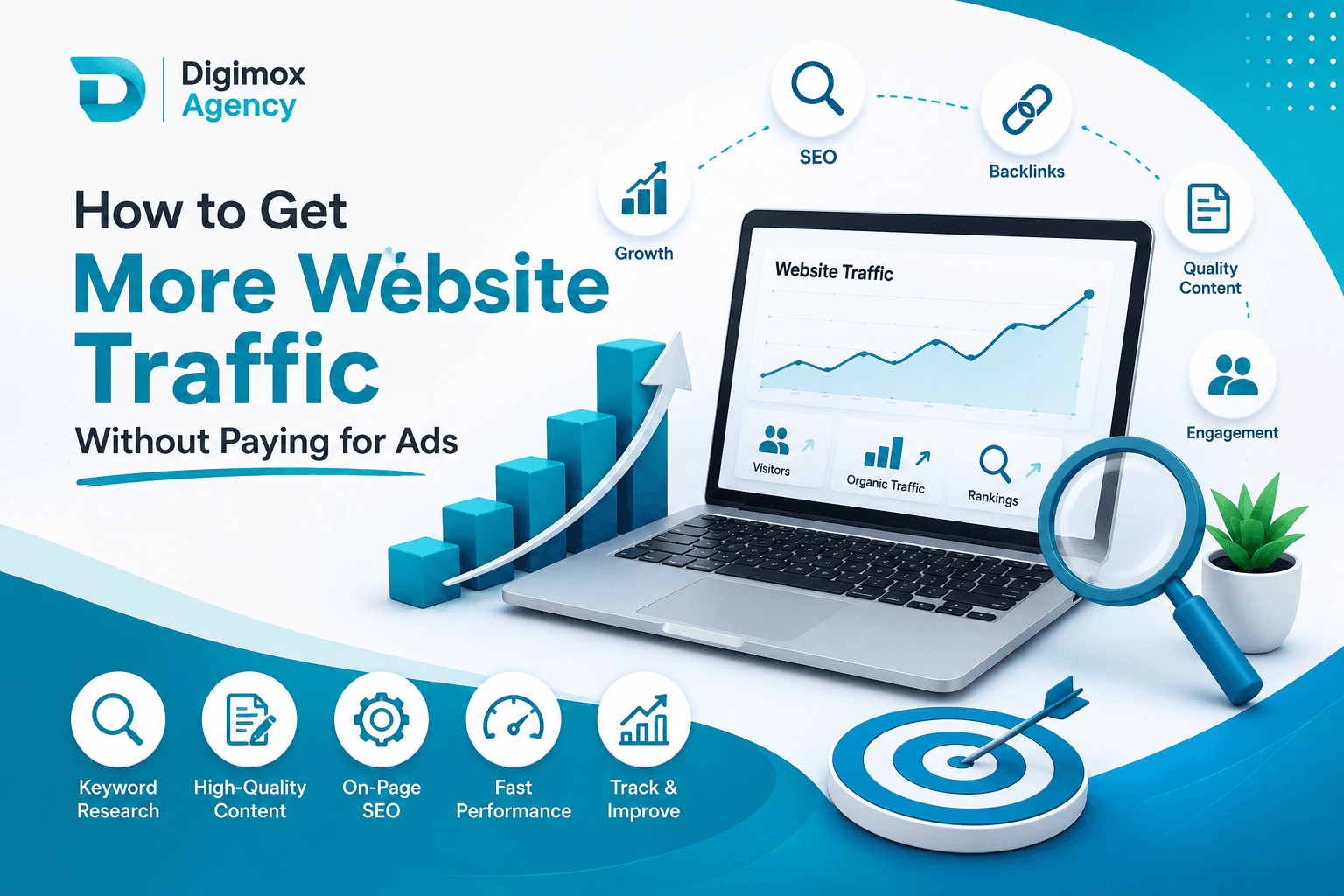 Digital marketing illustration showing strategies to get more website traffic without paying for ads using SEO, content marketing, social media, email marketing, and organic search optimization.